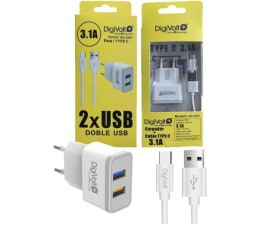 Cargador Digivolt QC-2431 3.1A 2 USB + Cable USB Tipo C