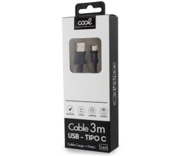 Cable USB Compatible Universal Tipo C (3m) Cool Negro 2.4A