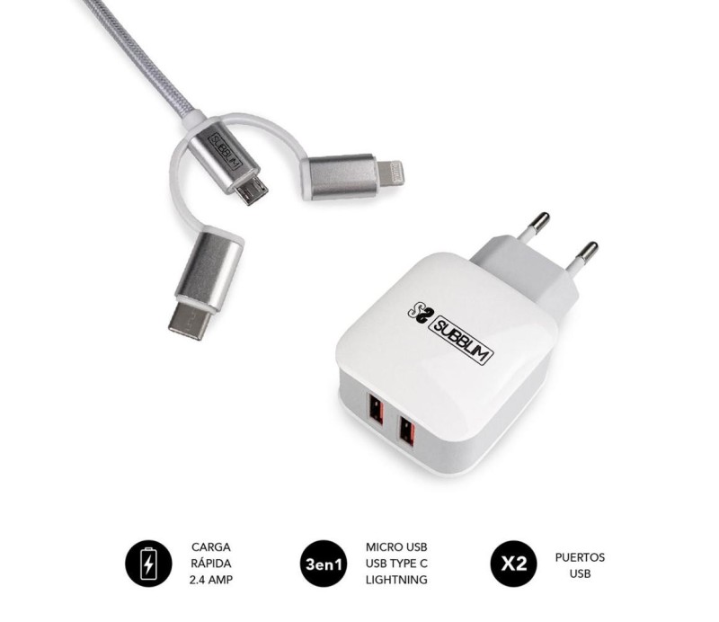 Cargador Dual Wall Charger (2.4A) + Cable 3 in 1 Subblim CHG-1ZWC01 - Blanco