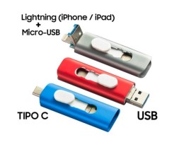 Pendrive USB 128GB (3 en 1) Lightning / Tipo C / Micro USB - GRIS