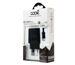 Cargador Cool USB Tipo C Universal 3A (Carga Rápida) Kit 2 en 1 - Negro
