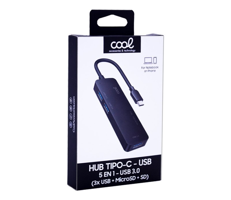 Hub Tipo-C Universal COOL 5 en 1 Aluminio (3 x USB 3.0 + SD + Micro SD) K004