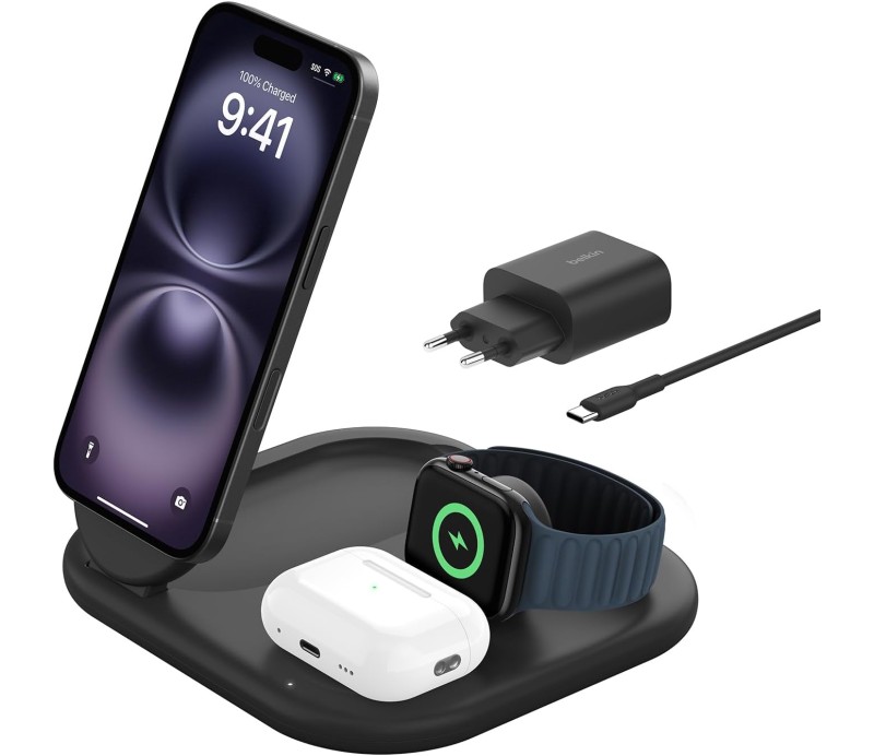 Base de Carga Inalambrico 3 en 1 Belkin WIZ029VFBK Magnetica con Qi2 15W - Negro