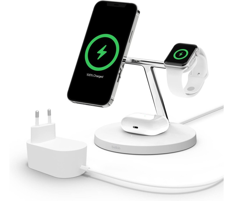Base de Carga Inalambrico 3 en 1 Belkin Powerhouse WIZ009VFWH-V2 Magnetica con Qi2 15W - Blanco