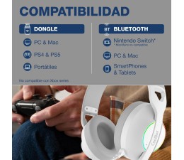 Auriculares Gaming Coolbox WB01-B RGB BT 5.4 USB-C 2.4GHz Jack 3.5mm - Blanco