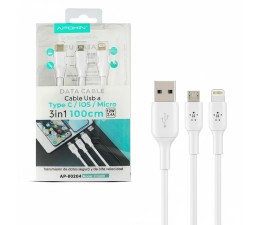 Cable Apokin 3 en 1 USB-A a Lightning / MicroUSB / Tipo C 1 m AP-80266 Blanco