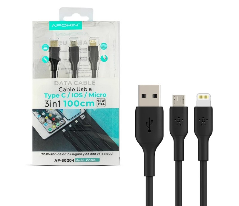 Cable Apokin 3 en 1 USB-A a Lightning / MicroUSB / Tipo C 1 m AP-80204 Negro