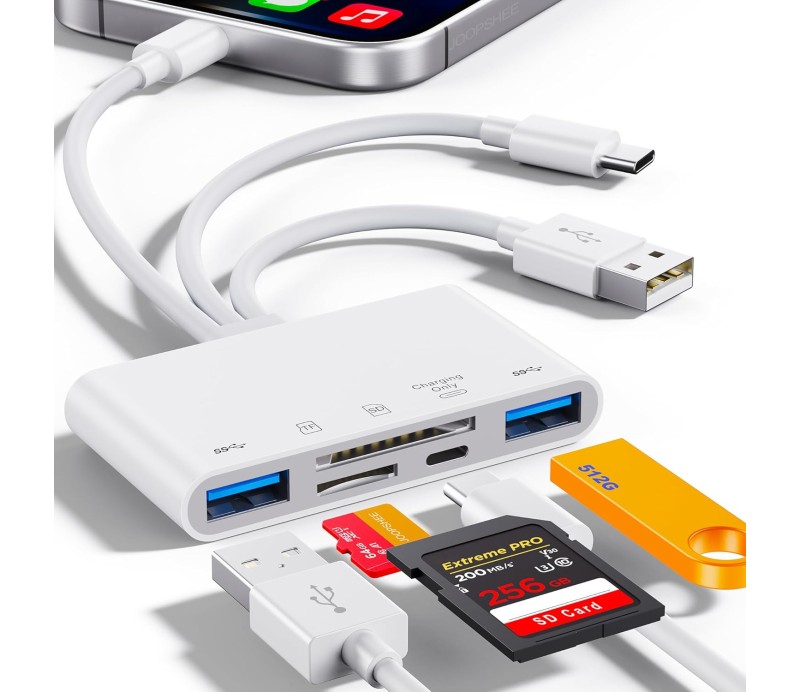 Lector de Tarjetas memoria SD + USB  5 en 1 OTG cable Lightning + USB A + USB C
