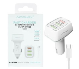 Cargador Apokin  para Coche 30W Triple Salida USB 3.0 Cable Tipo-C Blanco PC-896