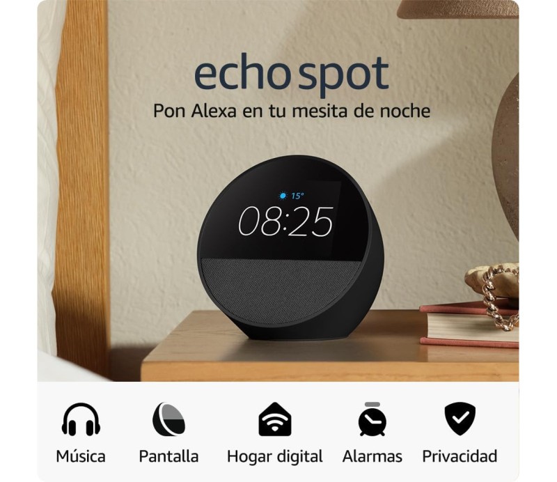 Altavoz Inteligente Amazon Echo Spot con Reloj Desperatdor (2024) - Negro