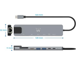 HUB Docking Station USB Tipo C Ewent EW1146 8 en 1 87W / HDMI 4K / 2XUSB-C / 2XUSB-A / RJ45 / Lector de tarjetas
