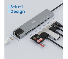 HUB Docking Station USB Tipo C Ewent EW1146 8 en 1 87W / HDMI 4K / 2XUSB-C / 2XUSB-A / RJ45 / Lector de tarjetas