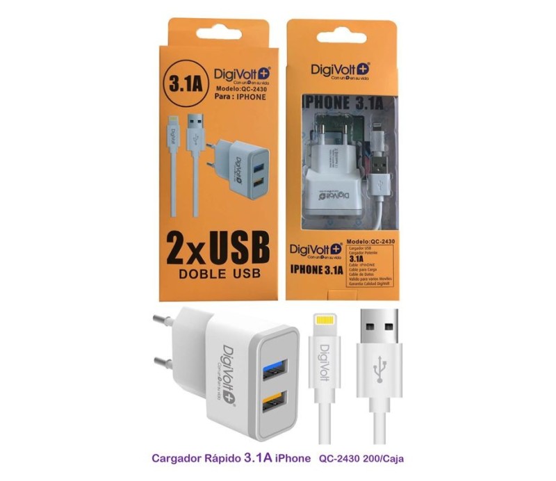 CARGADOR 3.1A QC-2430 2 USB CABLE LIGHTNING
